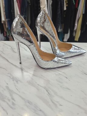 Christian Louboutin Silver Textured Pointed-Toe Stiletto Pumps
